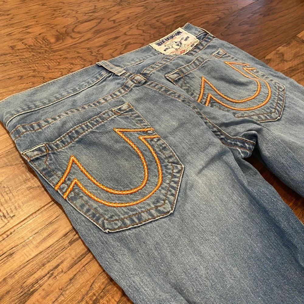 True Religion Straight Leg Jeans Mens 36 Blue Orange Stitching Made in USA